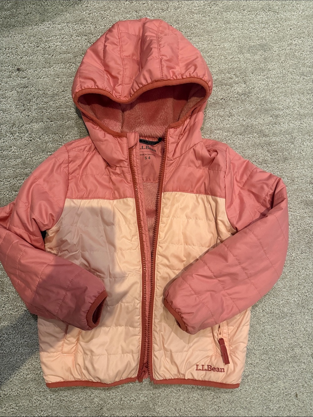 L.L. Bean Girls' Two Tone Coral and Peach Hooded Puffer Jacket Light Coat 4T